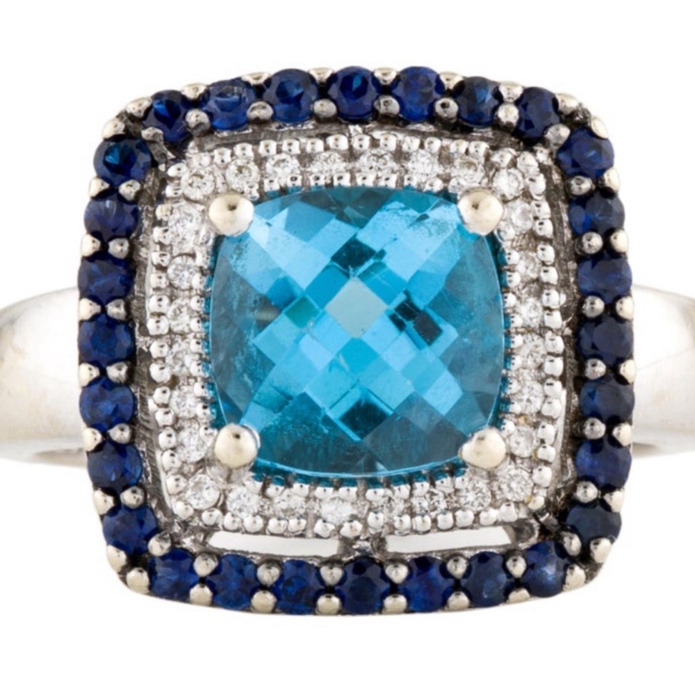 Rhodium 14K White Gold 0.42 Carat Round Faceted Sapphire & Checkerboard & Topaz